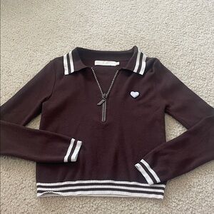 Brown Long Sleeve Top with Heart Detail Sweater Top M